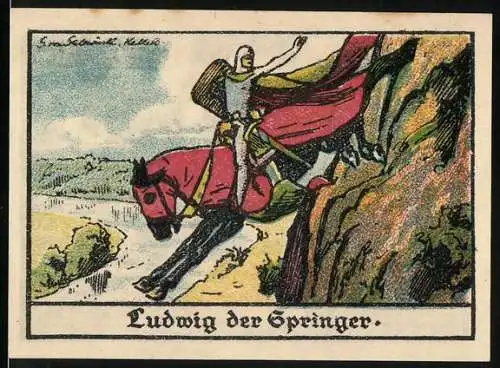 Notgeld Halle a. Saale, 1921, 50 Pfennig, Ludwig der Springer Abbildung und Burg Giebichenstein mit Marktszene
