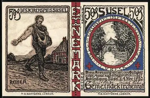 Notgeld Süsel 1920, 2x 50 Pfennig, Sämann und Kirche, Gemeinde-Kirchensiegel