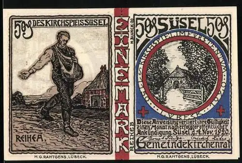 Notgeld Süsel, 1920, Eine Mark, Darstellung von Bauern und Häusern, Kirche und Krug