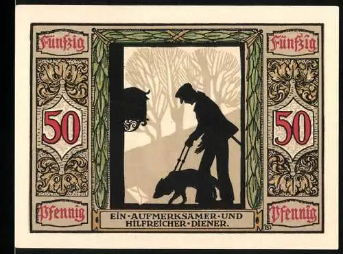 Notgeld Oldenburg 1921, 50 Pfennig, Deutscher Führhund für Kriegsblinde, diverse Silhouetten und Hundemotiv