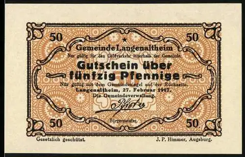 Notgeld Langenaltheim 1917, 50 Pfennig, Gutschein über fünfzig Pfennige, Gemeinde Langenaltheim, Siegel auf Rückseite