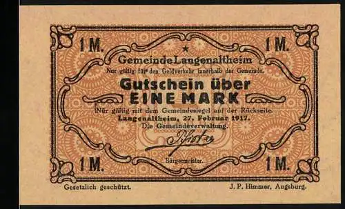 Notgeld Langenaltheim, 1917, 1 Mark, Gutschein über eine Mark mit Gemeindesiegel auf der Rückseite