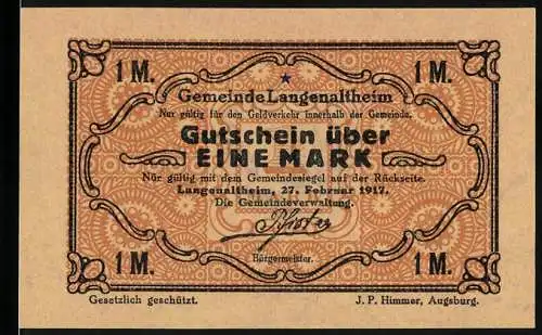 Notgeld Langenaltheim 1917, 1 Mark, Gutschein über EINE MARK mit Gemeindesiegel auf Rückseite