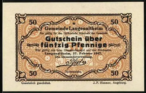 Notgeld Langenaltheim, 1917, 50 Pfennig, Gutschein über fünfzig Pfennige, Gemeinde Langenaltheim, Siegel