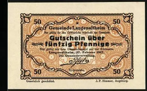 Notgeld Langenaltheim 1917, 50 Pfennig, Gutschein über fünfzig Pfennige, gesetzlich geschützt