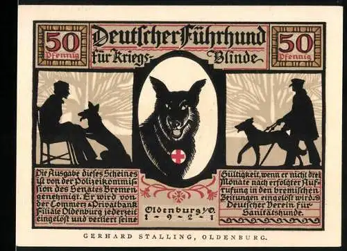 Notgeld Oldenburg 1921, 50 Pfennig, Deutscher Führhund für Kriegsblinde - Ein Sicherer Führer