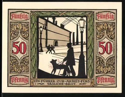 Notgeld Oldenburg 1921, 50 Pfennig, Deutscher Führhund für Kriegsblinde mit Hund und Laternenpfahl