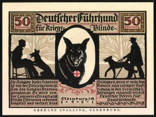 Notgeld Oldenburg 1921, 50 Pfennig, Deutscher Führhund für Kriegsblinde mit Hund und Laternenpfahl