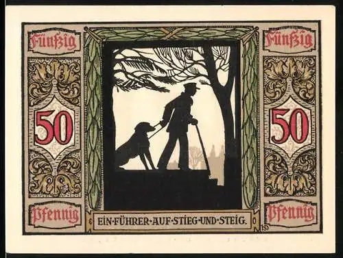 Notgeld Oldenburg, 1921, 50 Pfennig, Deutsche Führhunde für Kriegsblinde, Hund mit Blindenführer