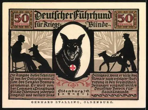 Notgeld Oldenburg, 1921, 50 Pfennig, Deutsche Führhunde für Kriegsblinde, Hund mit Blindenführer