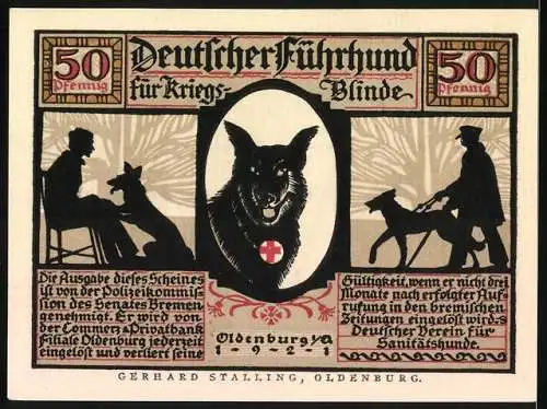 Notgeld Oldenburg 1921, 50 Pfennig, Deutscher Führhund für Kriegsblinde, ein treuer Wegweiser