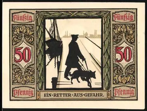 Notgeld Oldenburg 1921, 50 Pfennig, Deutscher Führhund für Kriegsblinde, Ein Retter aus Gefahr