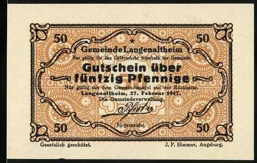 Notgeld Langenaltheim, 1917, 50 Pfennig, Gutschein über fünfzig Pfennige, gültig mit Gemeindesiegel