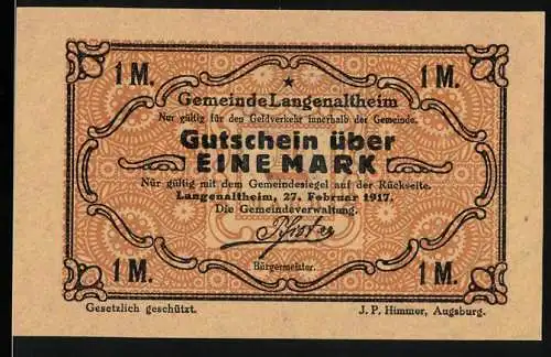 Notgeld Langenaltheim, 1917, 1 Mark, Gutschein über eine Mark, gesetzlich geschützt, Gemeindesiegel auf Rückseite