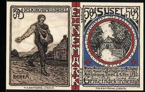 Notgeld Süsel 1920, 2x 50 Pfennig, Gemeinde Kirchensaal, Sämann und Dorfansicht