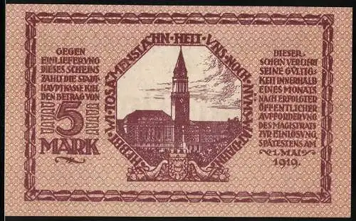 Notgeld Kiel, 1918, 5 Mark, Gutschein der Stadt Kiel mit Rathausabbildung und Gültigkeitshinweis