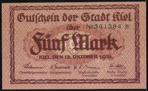 Notgeld Kiel, 1918, 5 Mark, Gutschein der Stadt Kiel mit Rathausabbildung und Gültigkeitshinweis