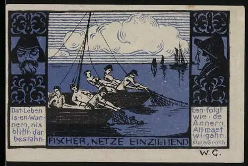 Notgeld Lübeck, 1921, 50 Pfennig, Fischer ziehen Netze ein, Fischer und Frau am Fluss, H.G. Rahtgens