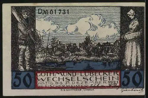 Notgeld Lübeck, 1921, 50 Pfennig, Fischer ziehen Netze ein, Fischer und Frau am Fluss, H.G. Rahtgens