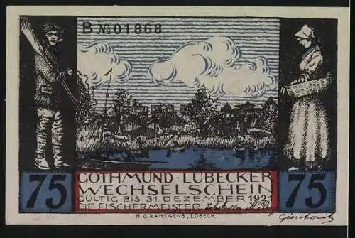 Notgeld Lübeck, 1921, 75 Pfennig, Fischermeister und Fischer auf Vorder- und Rückseite