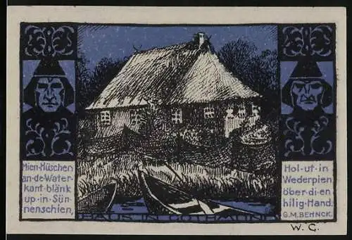 Notgeld Lübeck, 1921, 50 Pfennig, Reetgedecktes Haus und Fischer mit Frau an einem Fluss