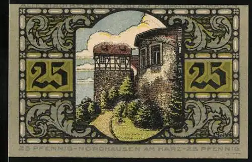 Notgeld Nordhausen, 1921, 25 Pfennig, historische Gebäude und Der Riese, Gutschein Nr. 047851