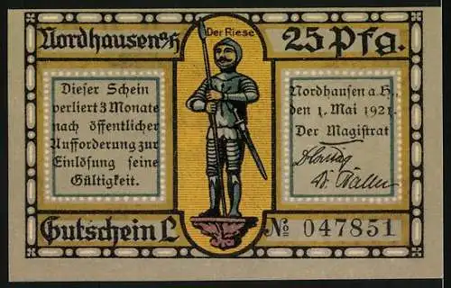 Notgeld Nordhausen, 1921, 25 Pfennig, historische Gebäude und Der Riese, Gutschein Nr. 047851