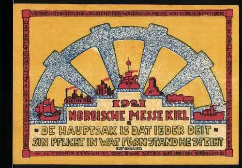 Notgeld Kiel 1921, 25 Pfennig, Nordische Messe mit Stadtszenen und roten Schiffssymbolen