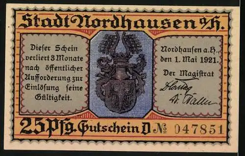 Notgeld Nordhausen 1921, 25 Pfennig, Drei Personen an einem Tisch und Stadtwappen mit Text