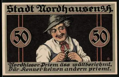 Notgeld Nordhausen, 1921, 50 Pfennig, lachender Mann mit Hut und Priem
