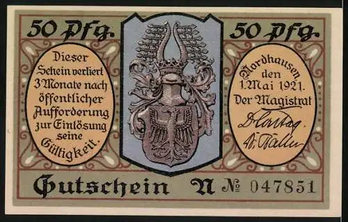 Notgeld Nordhausen, 1921, 50 Pfennig, lachender Mann mit Hut und Priem