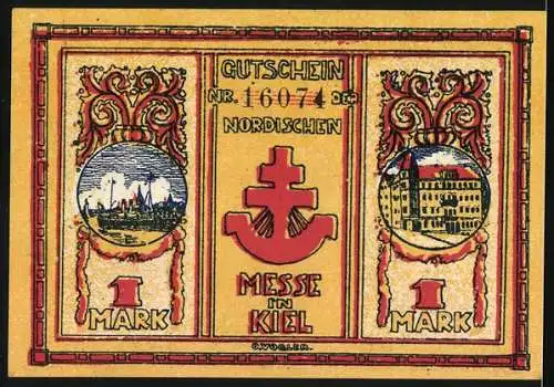 Notgeld Kiel, 1920, 1 Mark, Nordische Messe mit Industrie- und Stadtmotiven