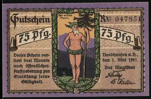 Notgeld Nordhausen 1921, 75 Pfennig, Der wilde Mann und Stadtsilhouette mit Bäumen