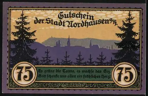 Notgeld Nordhausen 1921, 75 Pfennig, Der wilde Mann und Stadtsilhouette mit Bäumen