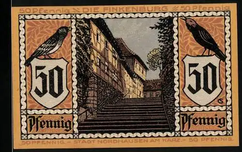 Notgeld Nordhausen am Harz, 1921, 50 Pfennig, Die Finkenburg und der Roland