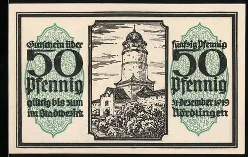 Notgeld Nördlingen 1918, 50 Pfennig, Turm und Wappen mit Adler, gültig bis 31. Dezember 1919