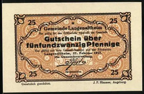 Notgeld Langenaltheim, 1917, 25 Pfennig, Gutschein über fünfundzwanzig Pfennig mit Gemeindesiegel auf Rückseite