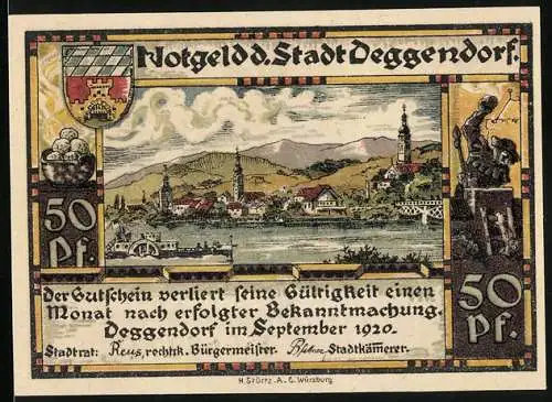 Notgeld Deggendorf, 1920, 50 Pf, Stadtansicht und Heiliger mit Kirche