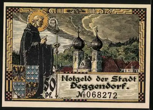 Notgeld Deggendorf, 1920, 50 Pf, Stadtansicht und Heiliger mit Kirche