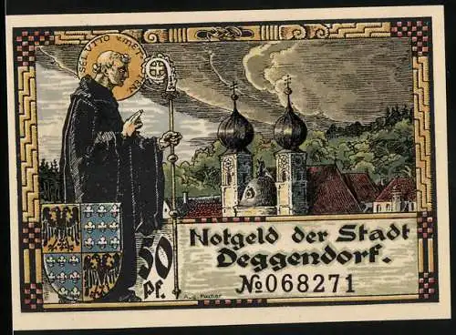 Notgeld Deggendorf, 1920, 50 Pfennig, Stadtansicht mit Kirche und Wappen, Nr. 068271