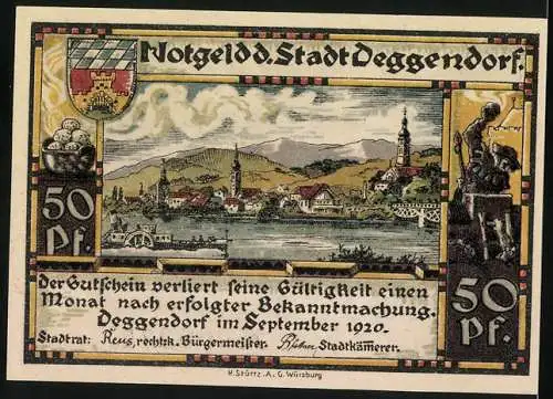 Notgeld Deggendorf, 1920, 50 Pfennig, Stadtansicht mit Kirche und Wappen, Nr. 068271