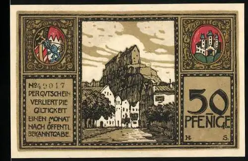 Notgeld Burghausen 1918, 50 Pfennig, Landschaft mit Burg und Stadtansicht, Kriegs-Geld der K. Bayr. Stadt Burghausen