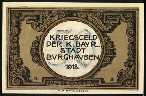 Notgeld Burghausen 1918, 50 Pfennig, Landschaft mit Burg und Stadtansicht, Kriegs-Geld der K. Bayr. Stadt Burghausen