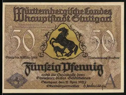 Notgeld Stuttgart 1921, 50 Pfennig, Württembergische Landes Hauptstadt Stuttgart, Altes Schloss und Stiftskirche