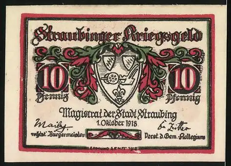 Notgeld Straubing 1918, 10 Pfennig, Gutschein über Zehn Pfennig, gültig nur im Stadtbezirk bis 1. Jan. 1923