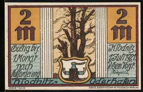Notgeld Klodnitz-Oderhafen 1921, 2 Mark, Baum und Adler mit Dorfansicht