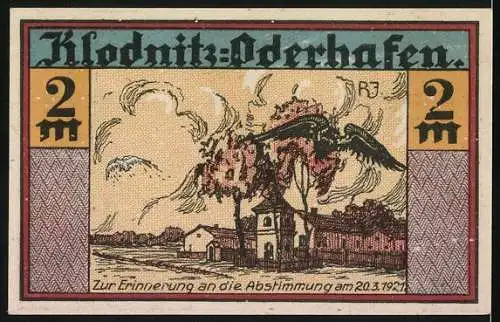 Notgeld Klodnitz-Oderhafen 1921, 2 Mark, Baum und Adler mit Dorfansicht