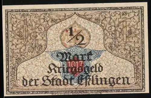 Notgeld Esslingen, 1917, 1 /2 Mark, Kriegsfeld der Stadt Esslingen mit Stadtansicht, Seriennummer 597607