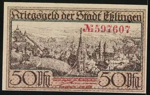 Notgeld Esslingen, 1917, 1 /2 Mark, Kriegsfeld der Stadt Esslingen mit Stadtansicht, Seriennummer 597607