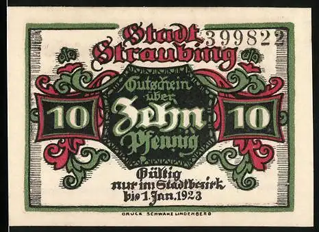 Notgeld Straubing 1918, 10 Pfennig, Gutschein über Zehn Pfennig gültig nur im Stadtbezirk bis 1. Jan. 1923